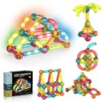 LED 3D Lights Magnetic Tiles Blocks Constructions Building 52Pcs Sticks & Balls STEM Playset for Kids